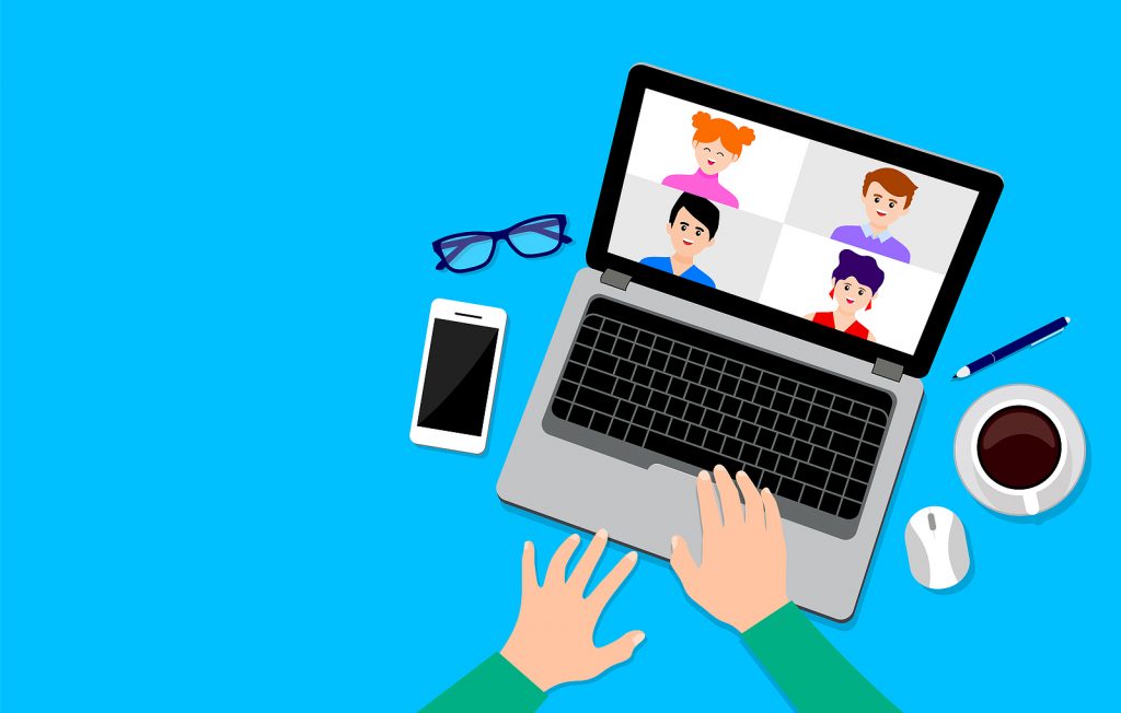 Top View Of Working On Laptop. Video Conference Landing. People